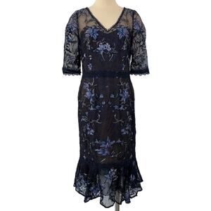 Marchesa Notte V-Neck Embroidered Lattice Tulle Mesh Sheath Dress Navy Blue 8
